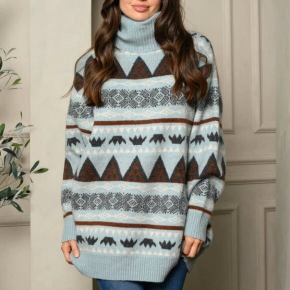 WOMEN'S TURTLE NECK MULTI PRINT SWEATER Blue - Picture 2 of 5